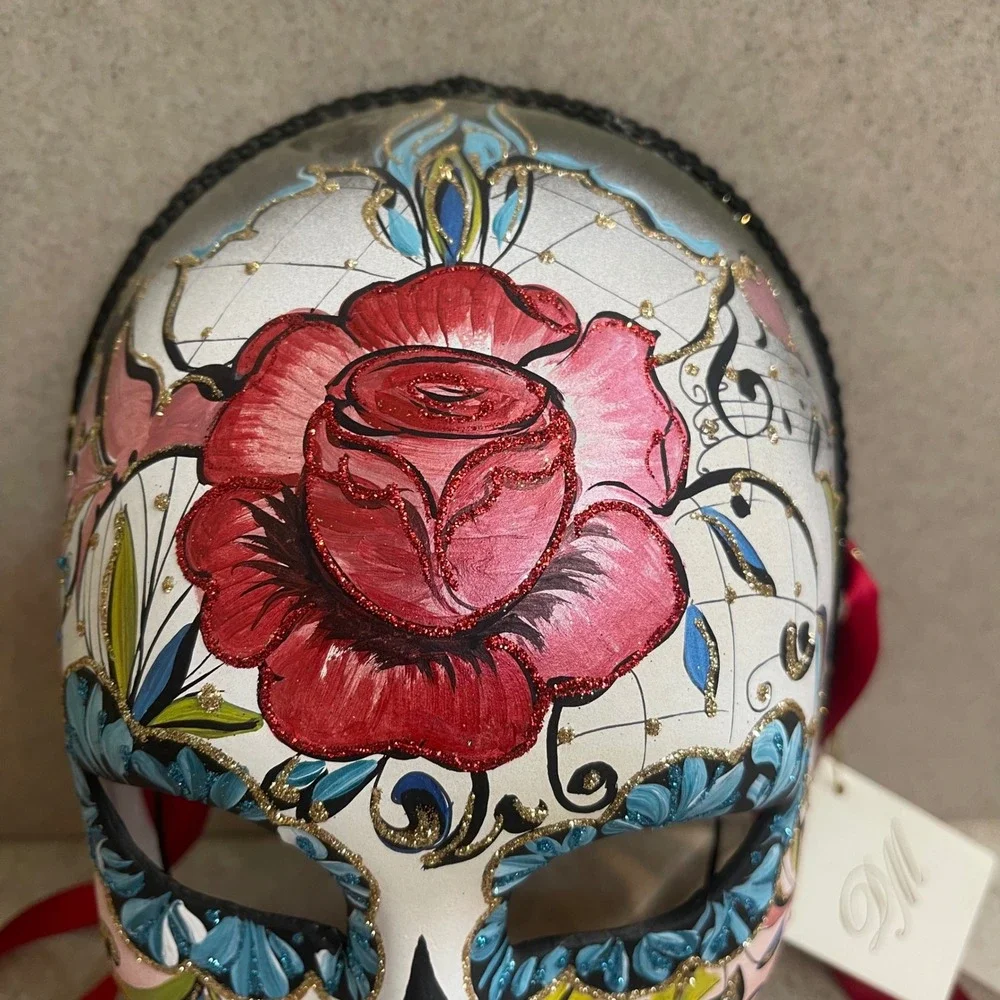 Day of the Dead New Hand Painted Italian Masquerade Mask Red Rose Blue‎ Flowers